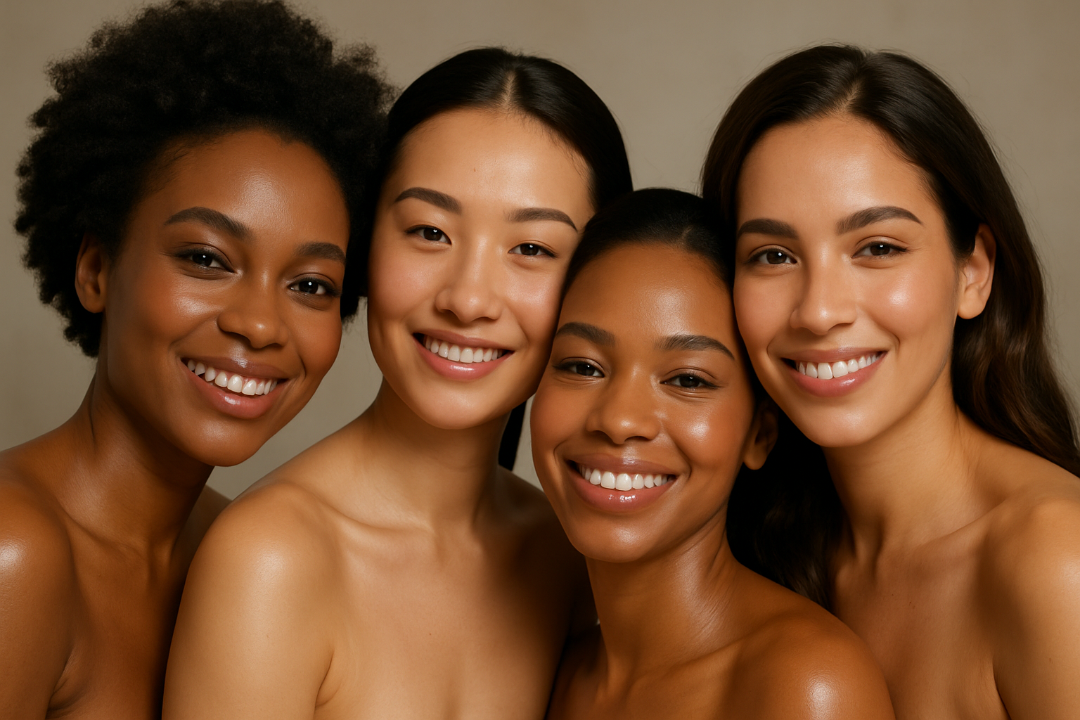 a group of women of color all with neutral makeup and clear lip gloss smiling